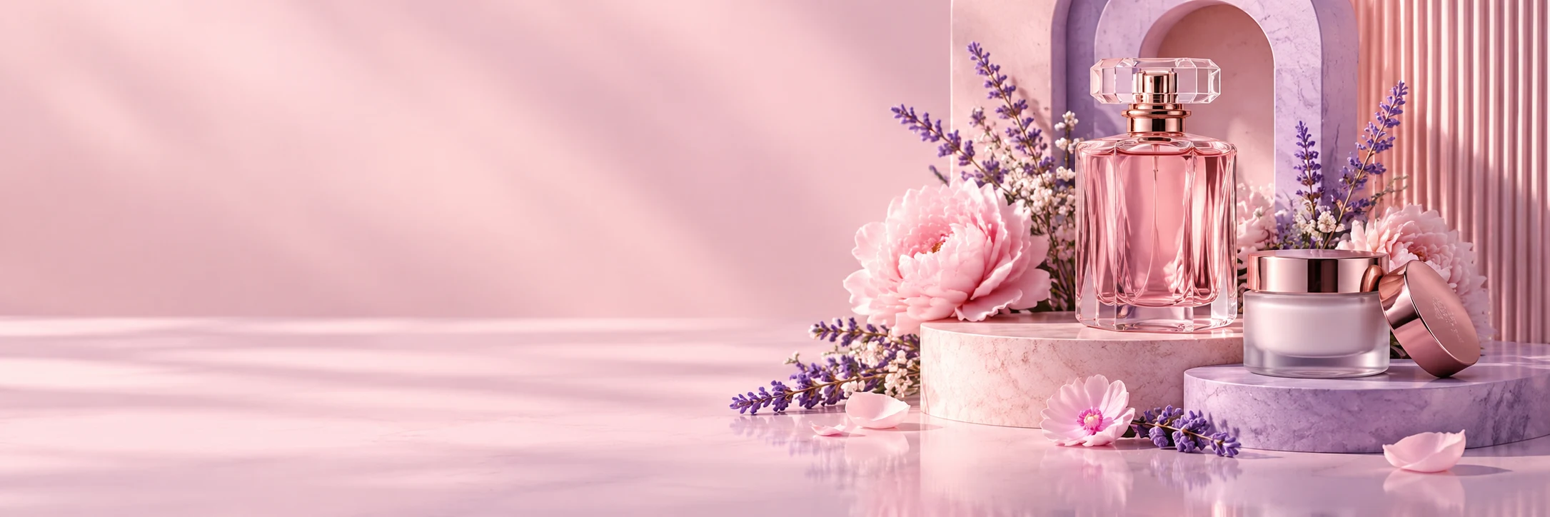 Perfume and skincare on blush pink and lavender podiums