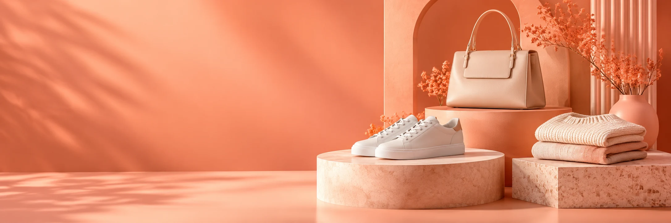 White sneakers, a handbag and clothing on coral and peach podiums