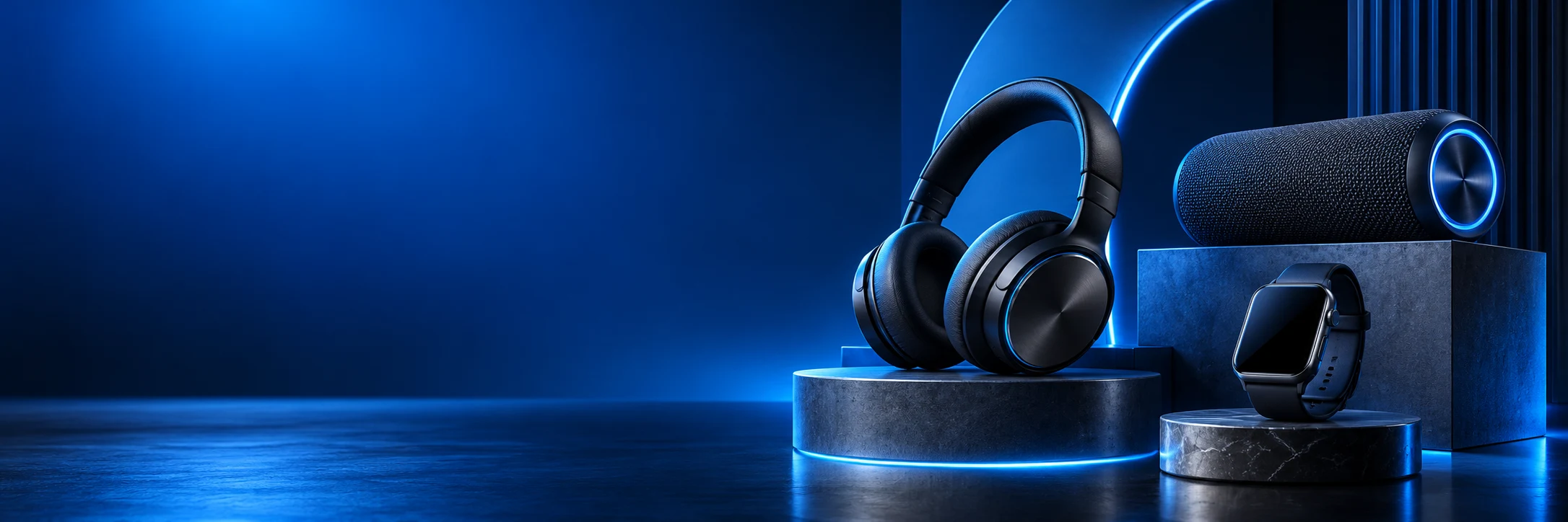 Headphones, a wireless speaker and smartwatch in an electric blue studio